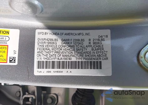 2018 Honda Accord Lx из США, поврежденный, VIN 1HGCV1F14JA156740